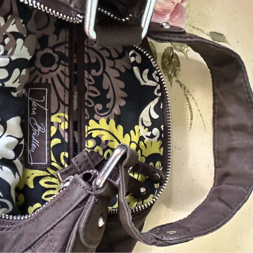 Vera Bradley Brown Quilted Floral Lined Hobo Purse Bag